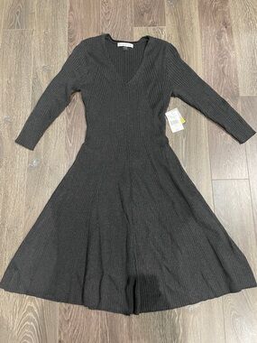 Danny & Nicole Charcoal Rib-Knit Long Sleeve Fit-and-Flare Dress